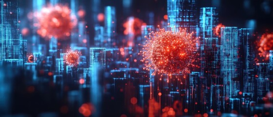 Fototapeta premium Abstract representation of viruses in a digital cityscape, showcasing the intersection of technology and health in a striking visual.