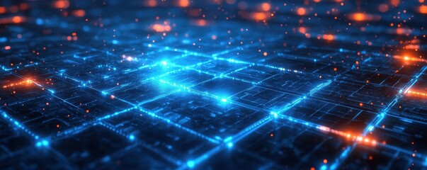 Obraz premium Abstract technology background with glowing blue and orange lines, representing digital connectivity and modern innovation.