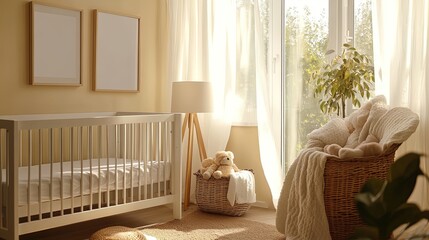 Enchanting Nursery Design: A Serene Space Featuring a White Crib, Soft Pastel Hues, and Sunlit Decor - Perfect as a Poster for Modern Baby Room Inspiration!