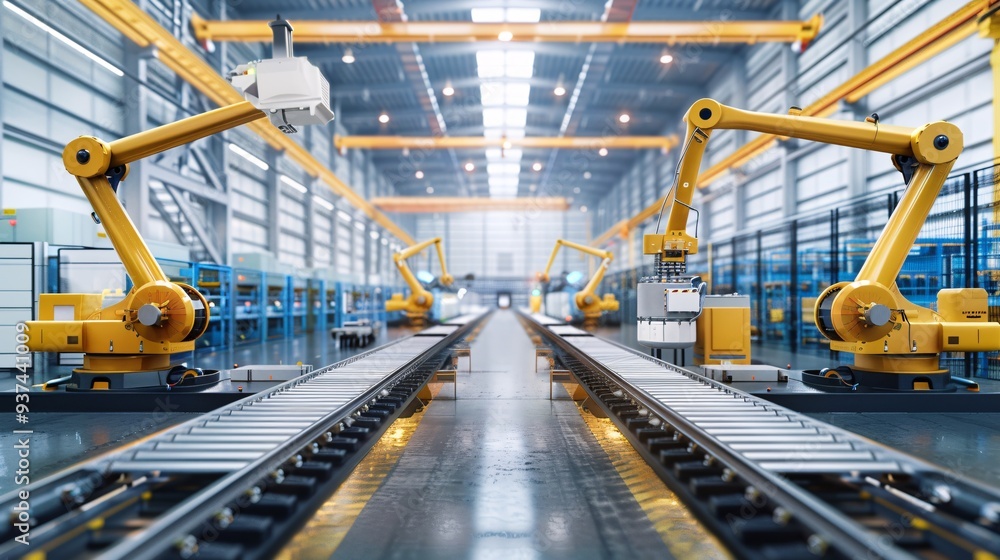 Poster innovative smart factory environment with automated machinery and robotics driving industrial effici