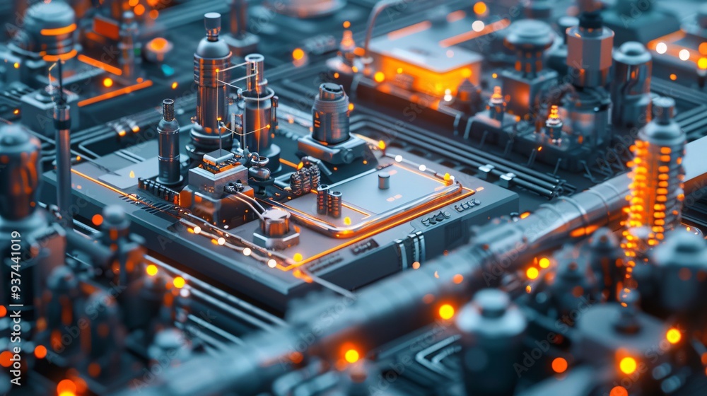 Poster smart factory scene highlighting futuristic industrial innovation with automated systems and robotic