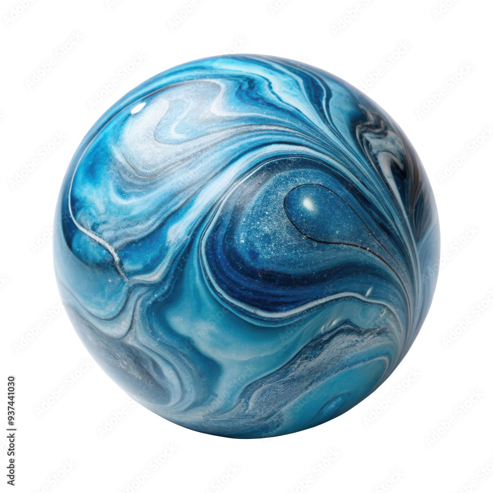 Poster swirling blue marble sphere with white highlights. the flowing patterns and glossy surface create a 