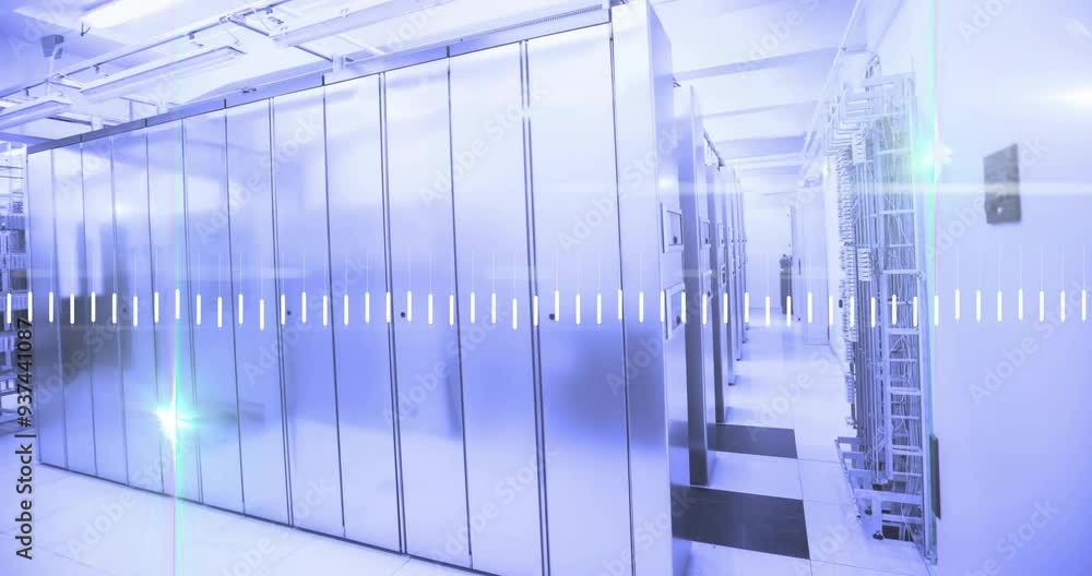 Poster data processing animation over server racks in modern data center