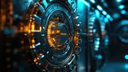 Close-up of modern vault door with intricate design and glowing lights in a secure environment.