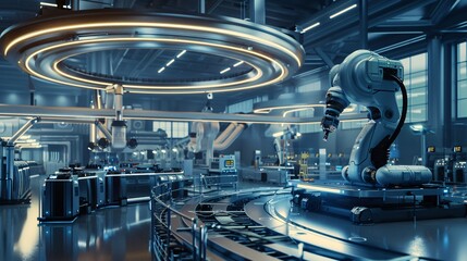Smart factory scene highlighting futuristic industrial innovation with automated systems and robotics