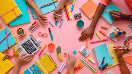 An energetic top view of diverse students' hands organising and using various school supplies on a bright pink background, creativity, collaboration learning environment with notebooks and stationery