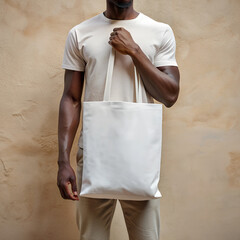 Tote bag mockup. Young African American man carrying white reusable cotton linen eco organic fabric canvas blank totebag on yellow background. AI generated