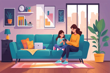 Girlfriends are sitting on the sofa with smartphones. Vector flat cartoon style illustration
