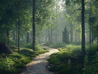 Obraz premium Path Through Misty Forest - Digital Illustration