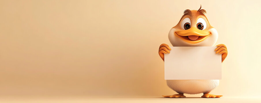 A cheerful cartoon character holding a blank sign against a soft, neutral backdrop, perfect for customization and creativity.