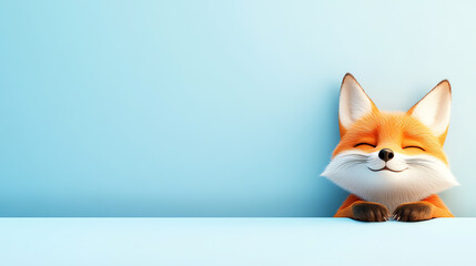 Obraz premium A cheerful fox character with a playful expression against a soft blue background, perfect for children's media and playful designs.