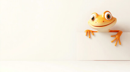 A cheerful frog peeking over a white background, perfect for playful and whimsical themes in design projects.