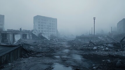 Fototapeta premium Echoes of Urban Decay: A Dramatic Poster of Ruin and Loss, Featuring Shattered Concrete and a Fog-Blanketed Landscape for Sports Interior Inspiration