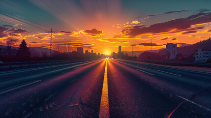 road at sunset in the middle of city
