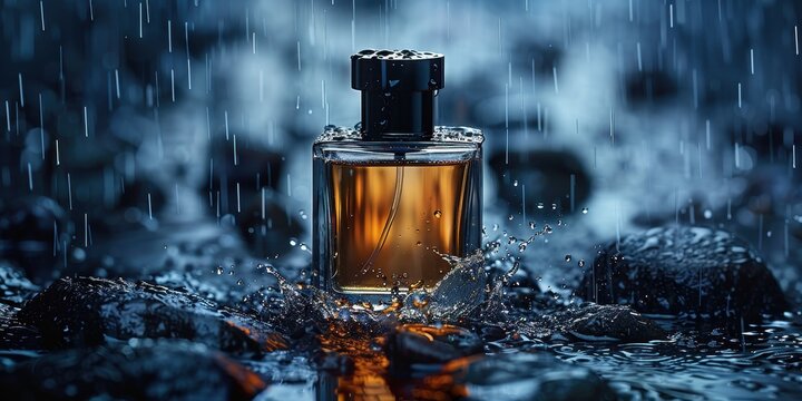 A perfume bottle on wet stones during rain, capturing the essence of luxury amidst a natural, moody backdrop