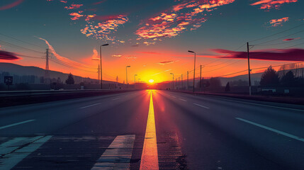Obraz premium road at sunset in the middle of city