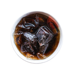 refreshing cola with ice cubes in a glass isolated on white background with clipping path, top view