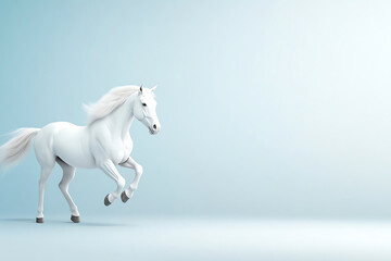 A majestic white horse gracefully gallops against a soft blue background, embodying beauty and freedom in motion.