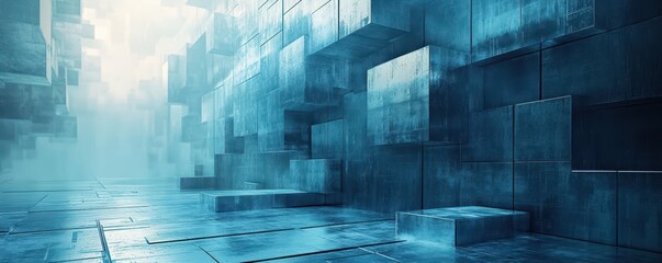 Futuristic landscape with illuminated blocks and mist, creating an ethereal atmosphere perfect for sci-fi themes.