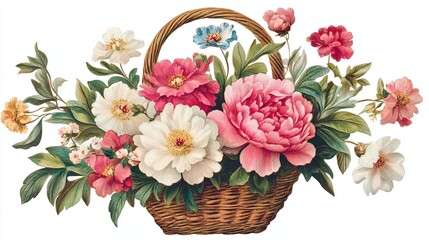 Obraz premium A basket filled with flowers of various colors, including white, pink, and blue