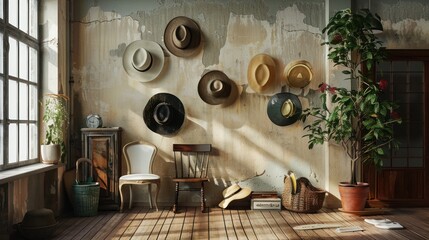 Rustic Interior with Sunbeams and Hats