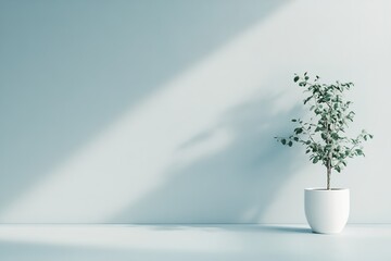 Minimalist indoor plant in white pot, shadow play on wall
