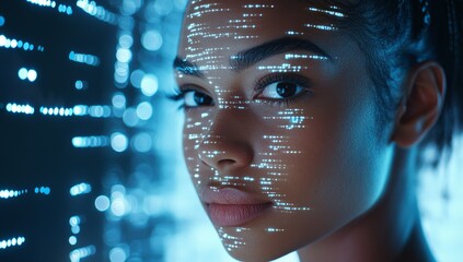 A woman's face is projected onto a screen with a blue background