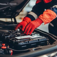 Car mechanic wearing red gloves putting the car battery under the open hood of an automobile vehicle near the motor engine part. Repair and maintenance service, garage worker, technician