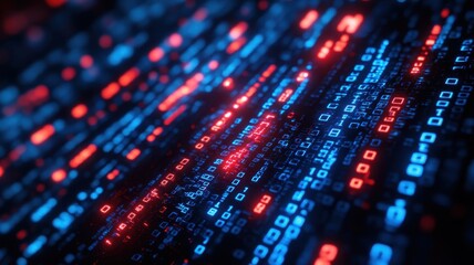 Vibrant digital data stream with binary code in red and blue colors, representing technology and futuristic concepts.