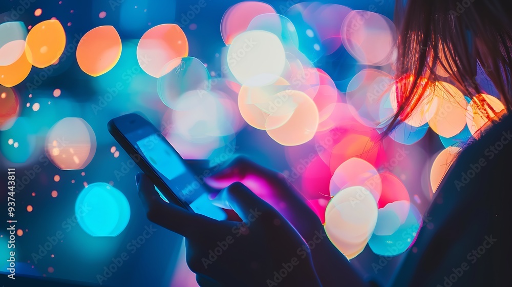 Aufkleber woman using her smartphone in a dimly lit environment, with blurry lights creating a colorful bokeh 