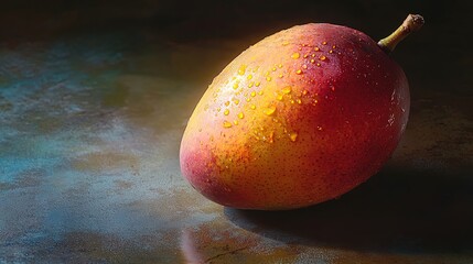 Vibrant Mango Elegance: A Tropical Poster Design Perfect for Modern Interiors, Capturing the Rich Contrast of Light and Shadow on a Freshly Dropped Fruit Surface