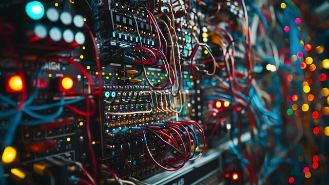 Electronic music synthesizer with many colorful patch cables connected to audio inputs and outputs, creating an intricate network for sound design