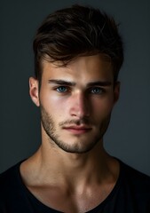 Obraz premium Close Up Portrait Of A Man With Blue Eyes And A Short Hairstyle