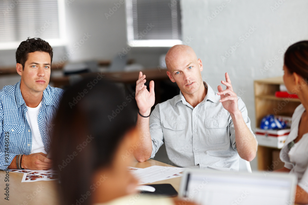 Poster business people, office and meeting with discussion and social media management with strategy. worki