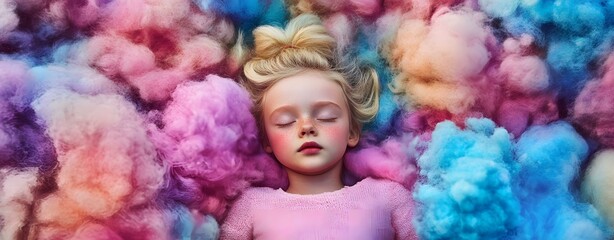 Fototapeta premium Sleeping Girl Surrounded by Colorful Cotton Candy