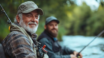 Fototapeta premium Big game fishing. fly fish hobby of men. retirement fishery. happy fishermen friendship. Two male friends fishing together. Catching and fishing. retired dad and mature bearded son.