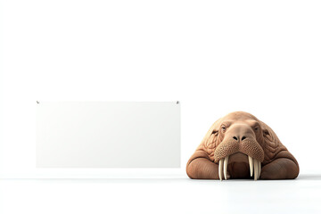 A relaxed walrus posing next to a blank white sign, perfect for advertising and marine life themes.