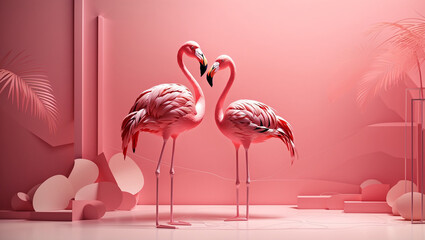 Two pink flamingos stand in a pink shallow pool.