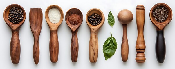 Wooden Spoons with Spices and Basil Leaves - Photo