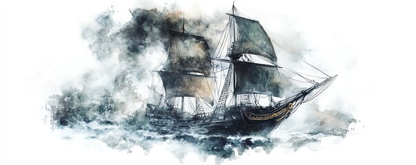 Pirate ghost ship, trapped in an eternal storm, cursed crew, Watercolor style, isolated on white background