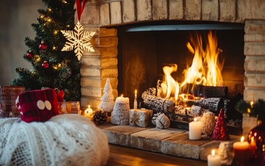 Festive Christmas fireplace Winter and Christmas holidays background