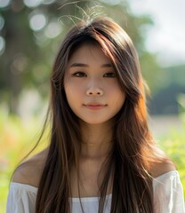 Obraz premium Beautiful Young Asian Woman with Long Hair Looking at Camera