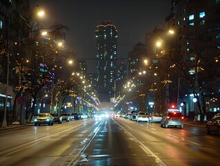 A bustling city street illuminated at night with festive lights and modern buildings in the distance during winter season