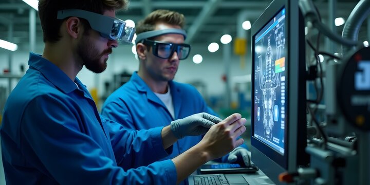 Two Caucasian Men Wearing Augmented Reality Glasses in a Factory Setting