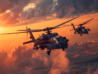 Military helicopters flying above the clouds during a vibrant sunset in a dramatic sky