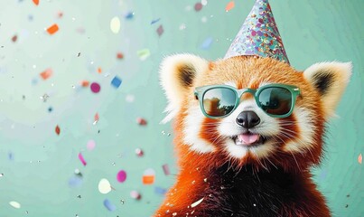 Red Panda A red panda wearing quirky sunglasses and a festive party hat