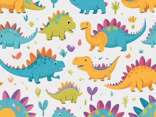 Cute, flat dinosaurs in a seamless pattern on a soft background.