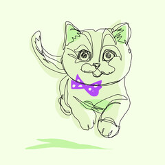 Hand drawn illustrations, line drawings, dancing cats, bow decorations