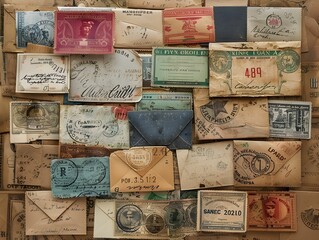 A collection of vintage mail envelopes and stamps from various countries, showcasing diverse designs from the early 20th century