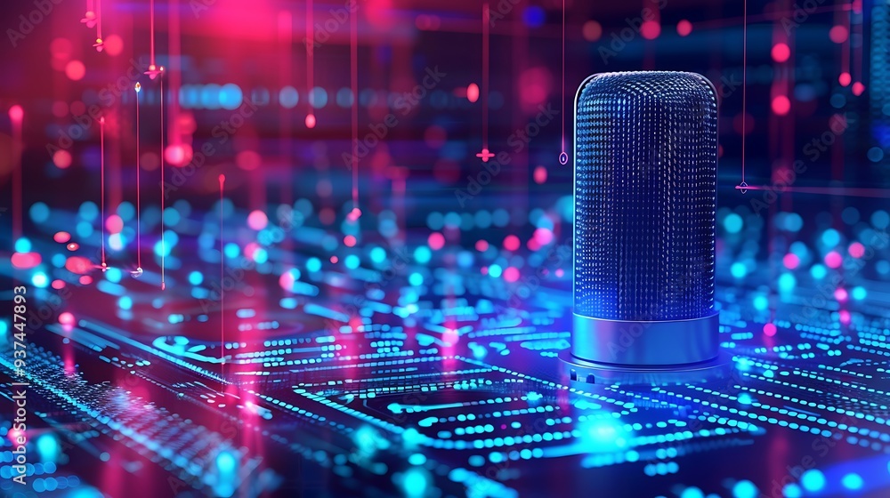 Aufkleber digital microphone on a futuristic circuitry background surrounded by a vibrant array of neon lights